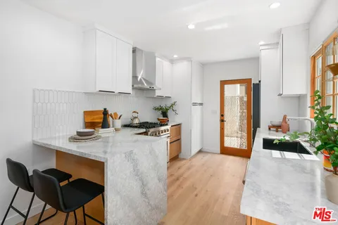 a kitchen with sink a window and potted plant