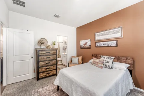 a bedroom with a bed and dresser