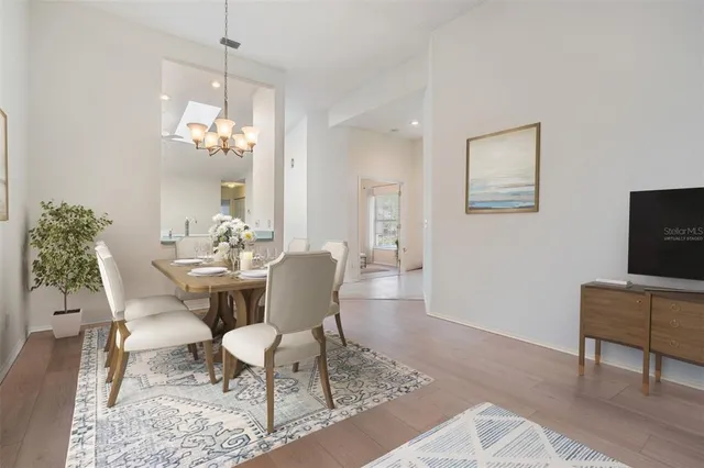 a view of a dining room with furniture
