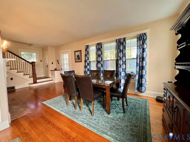 a view of a dining room with furniture
