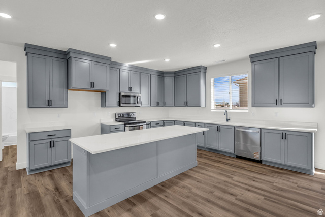 520 East 450th Street North Delta, UT 84624 - Photo 16 of 48 Kitchen featuring gray cabinetry, stainless steel appliances, a center island, dark wood-type flooring, and recessed lighting