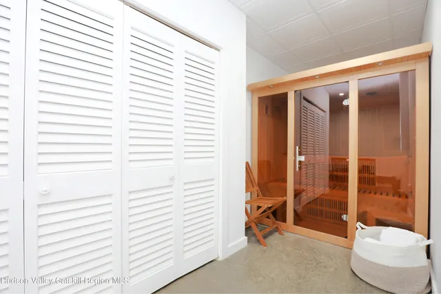 a view of a room with a large window