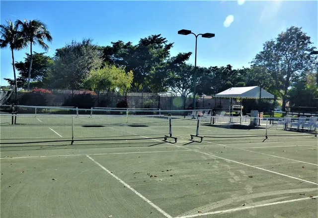 a view of a tennis ground with trees in the background