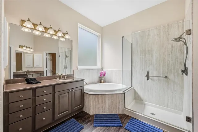 a bathroom with a sink mirror and a shower