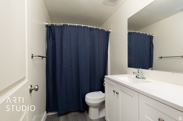 1713 South Windemere Road Santaquin, UT 84655 - Photo 23 of 40 Bathroom featuring a white vanity with integrated sink, chrome faucet, white flat-panel cabinetry, and wood-finish flooring