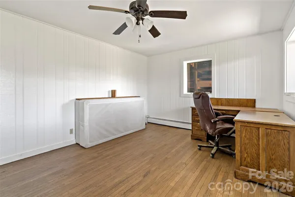 a view of a yard with plants and large trees