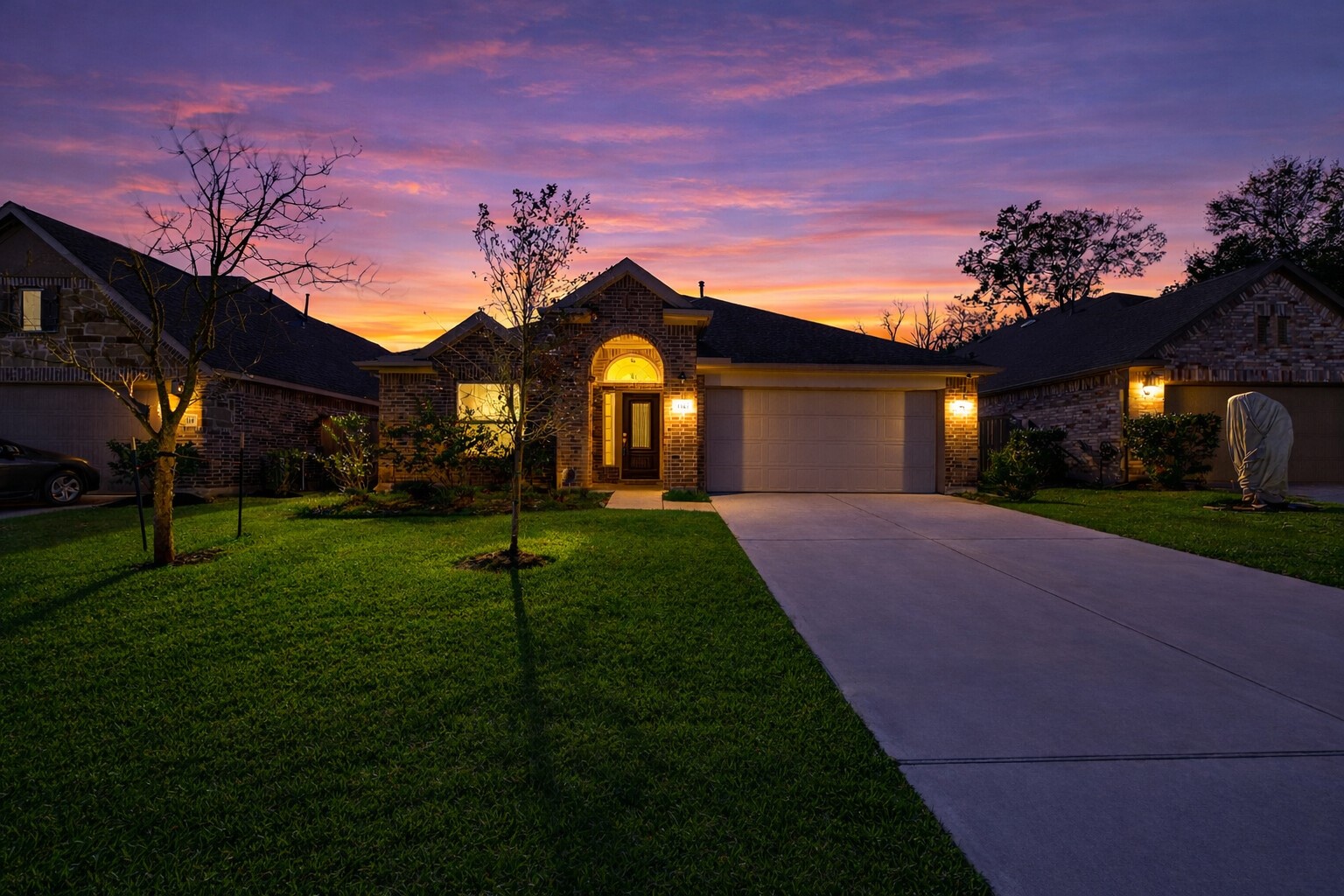 This home glows at dusk, with warm lights illuminating its graceful silhouette. The broad driveway and neatly kept lawn create a clean, inviting approach, offering plenty of room for seasonal accents and lending simple curbside charm.