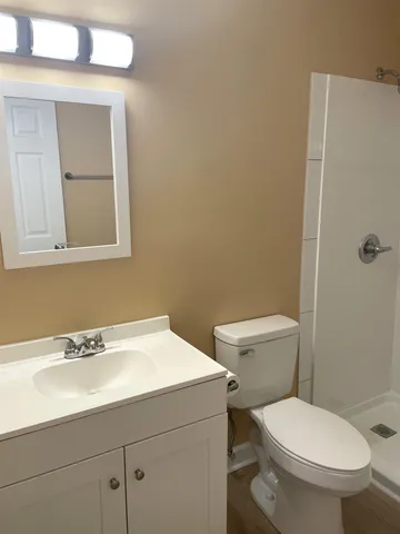 a bathroom with a toilet sink and mirror