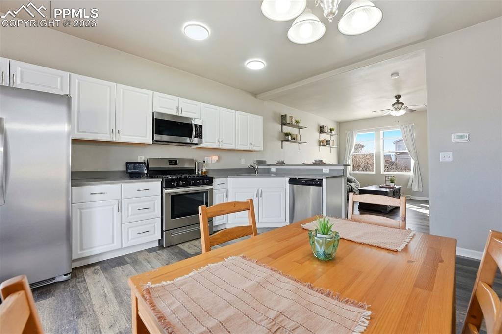 6535 Gelbvieh Road Peyton, CO 80831 - Photo 13 of 41 Kitchen featuring stainless steel appliances, white cabinets, light wood finished floors, and a peninsula