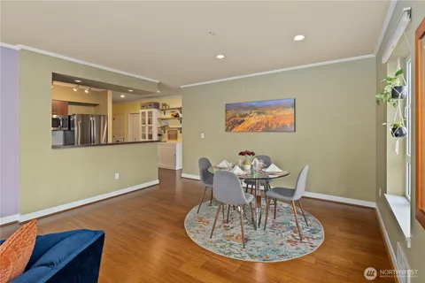 a view of a dining room with furniture