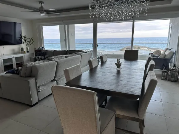a view of a dining room with furniture