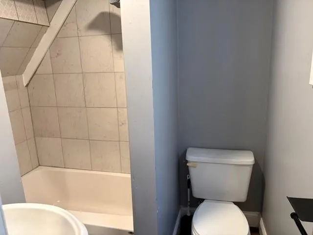 a bathroom with a toilet and bathtub