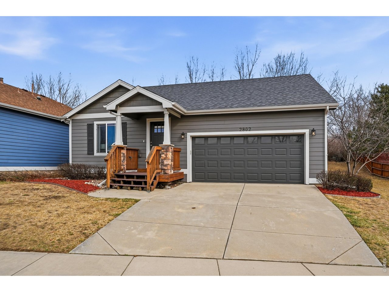 a front view of a house with patio