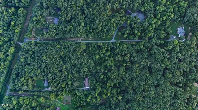 an aerial view of a forest with houses