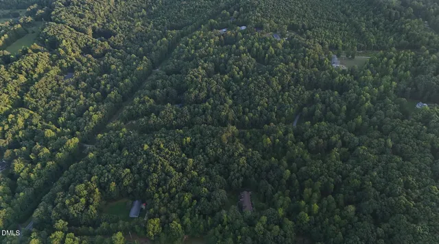an aerial view of a house with a lush green forest