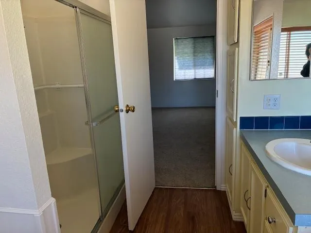 a bathroom with a sink and shower