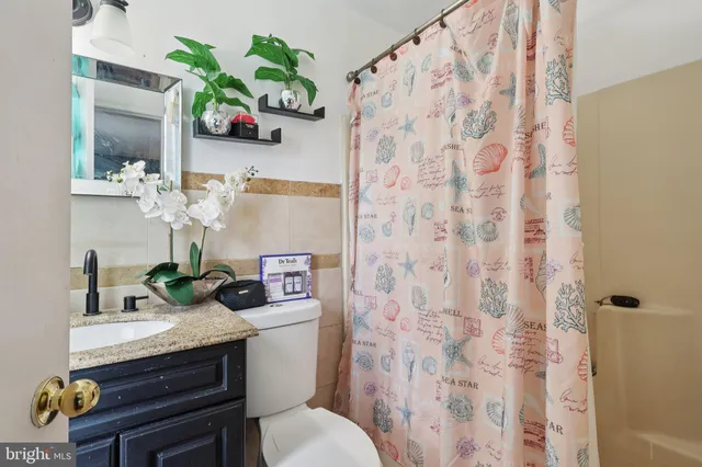 a bathroom with a sink a toilet and shower curtain