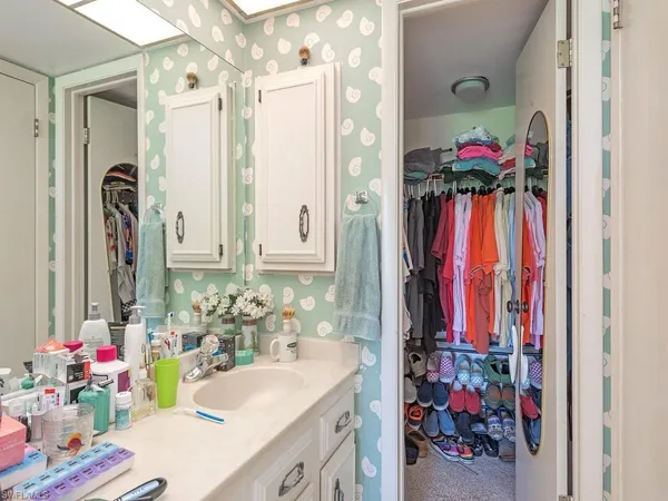 a bathroom with a sink vanity and a mirror