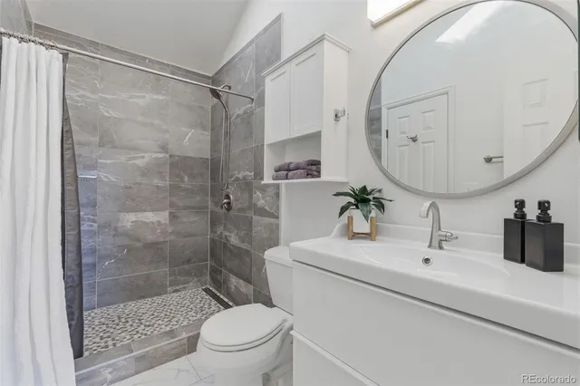 a bathroom with a sink a toilet and a mirror