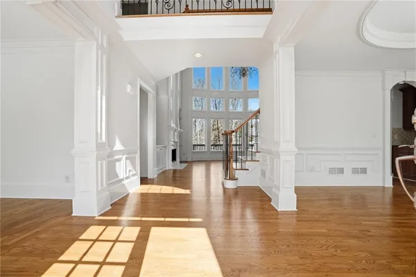 a view of a living room with a large window