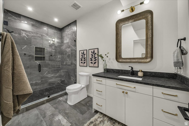 2152 South 30 West Orem, UT 84058 - Photo 29 of 56 Full bathroom with vanity, a marble finish shower, and recessed lighting