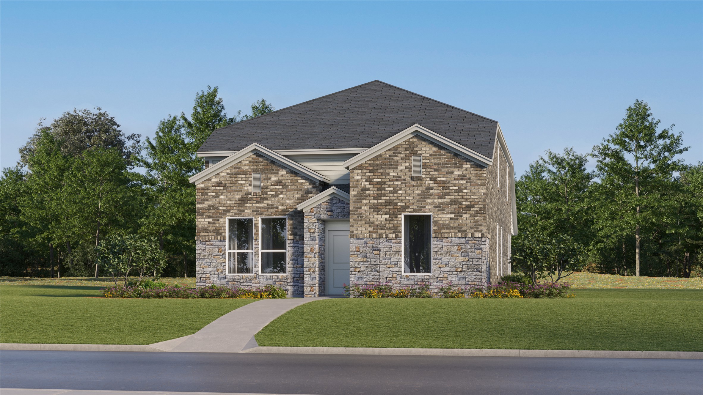 a view of a yard in front of a house with a small garden