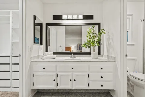 a bathroom with a granite countertop sink and a mirror
