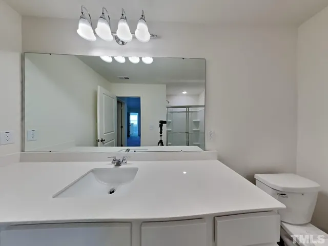 a bathroom with a sink a light fixture and a toilet