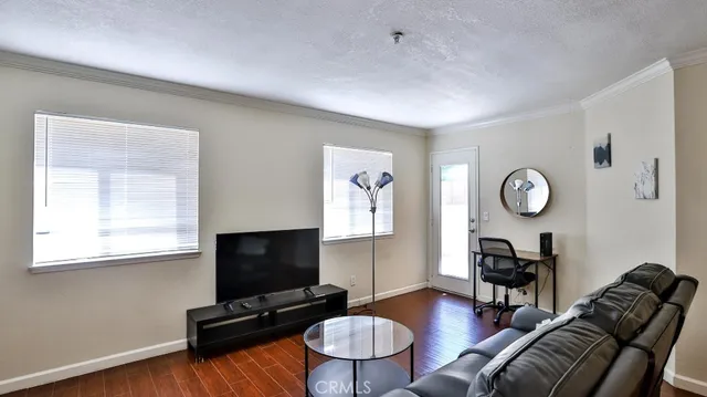 a living room with furniture a rug and a window