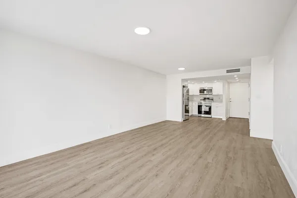 a view of empty room with wooden floor