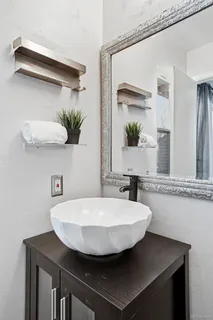 a view of a sink a mirror and plant in a glass door