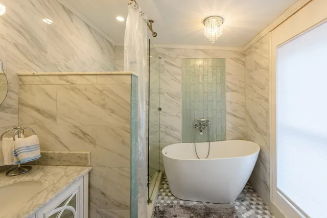 a bathroom with a bathtub and shower