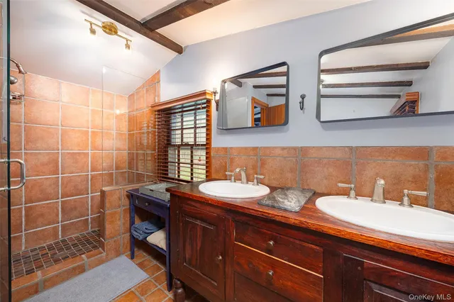 a bathroom with a sink a vanity and a shower