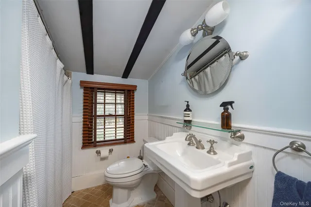 a bathroom with a sink a toilet and a mirror