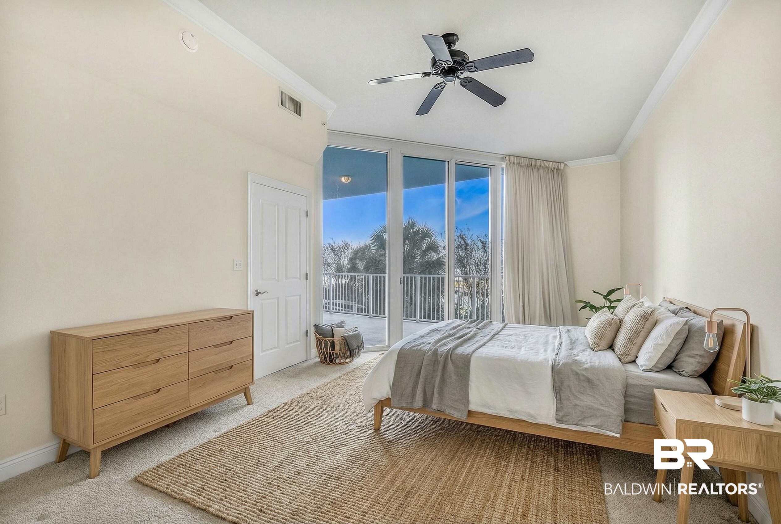 28250 Canal Road, Unit 106 Orange Beach, AL 36561 - Photo 46 of 50 Bedroom with access to outside, carpet floors, ornamental molding, and ceiling fan