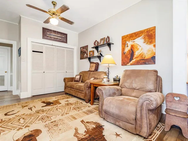a living room with furniture and a rug