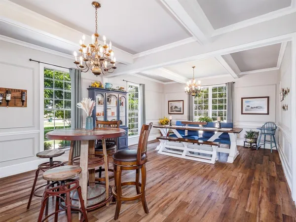 a view of a dining room with furniture window and wooden floor
