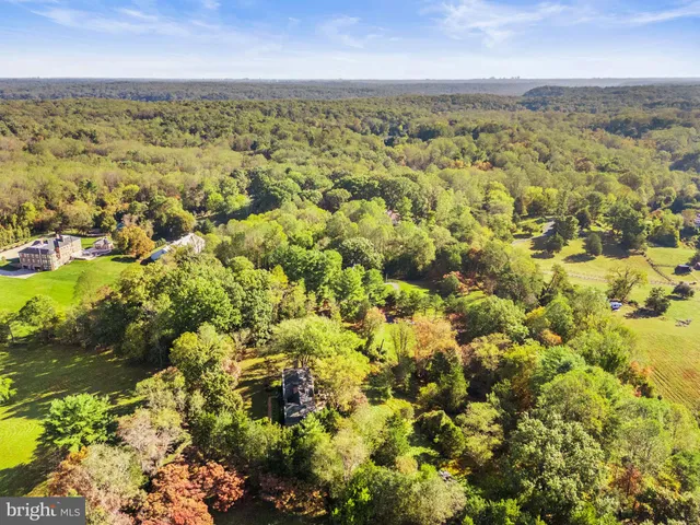 an aerial view of residential houses with outdoor space and trees