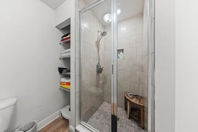 a bathroom with a shower and toilet