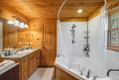 a bathroom with a tub a sink a mirror and a shower