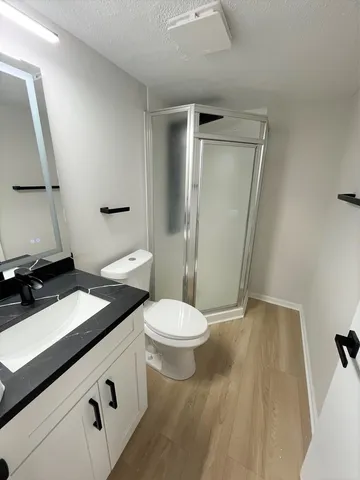 a bathroom with a granite countertop sink toilet and shower
