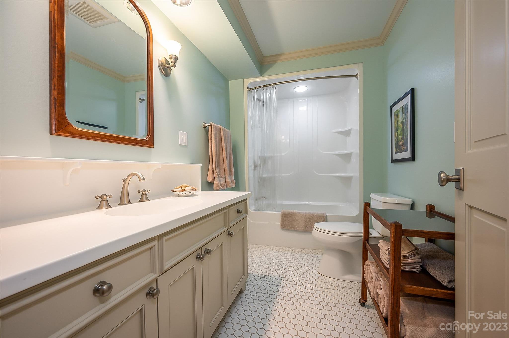 1389 Landrum Road Columbus, NC 28722 - Photo 41 of 46 a bathroom with a double vanity sink toilet and a mirror