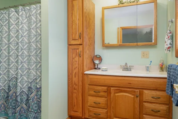 a bathroom with a sink a toilet and shower curtain
