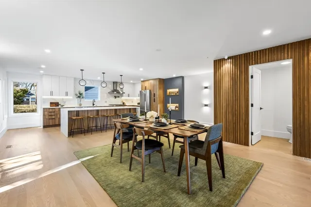 a view of a dining room with furniture
