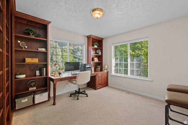 555 East 1700 N Street Mapleton, UT 84664 - Photo 26 of 49 Built-in wood-finish shelving and desk with ample natural light from multiple windows