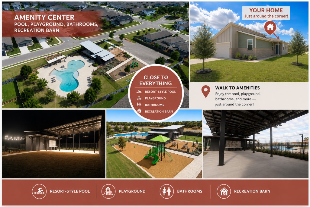 100 Century Plant Road Leander, TX 78641 - Photo 28 of 36 An aerial perspective reveals a vibrant community pool area, complete with a recreation barn, set amidst residential surroundings.