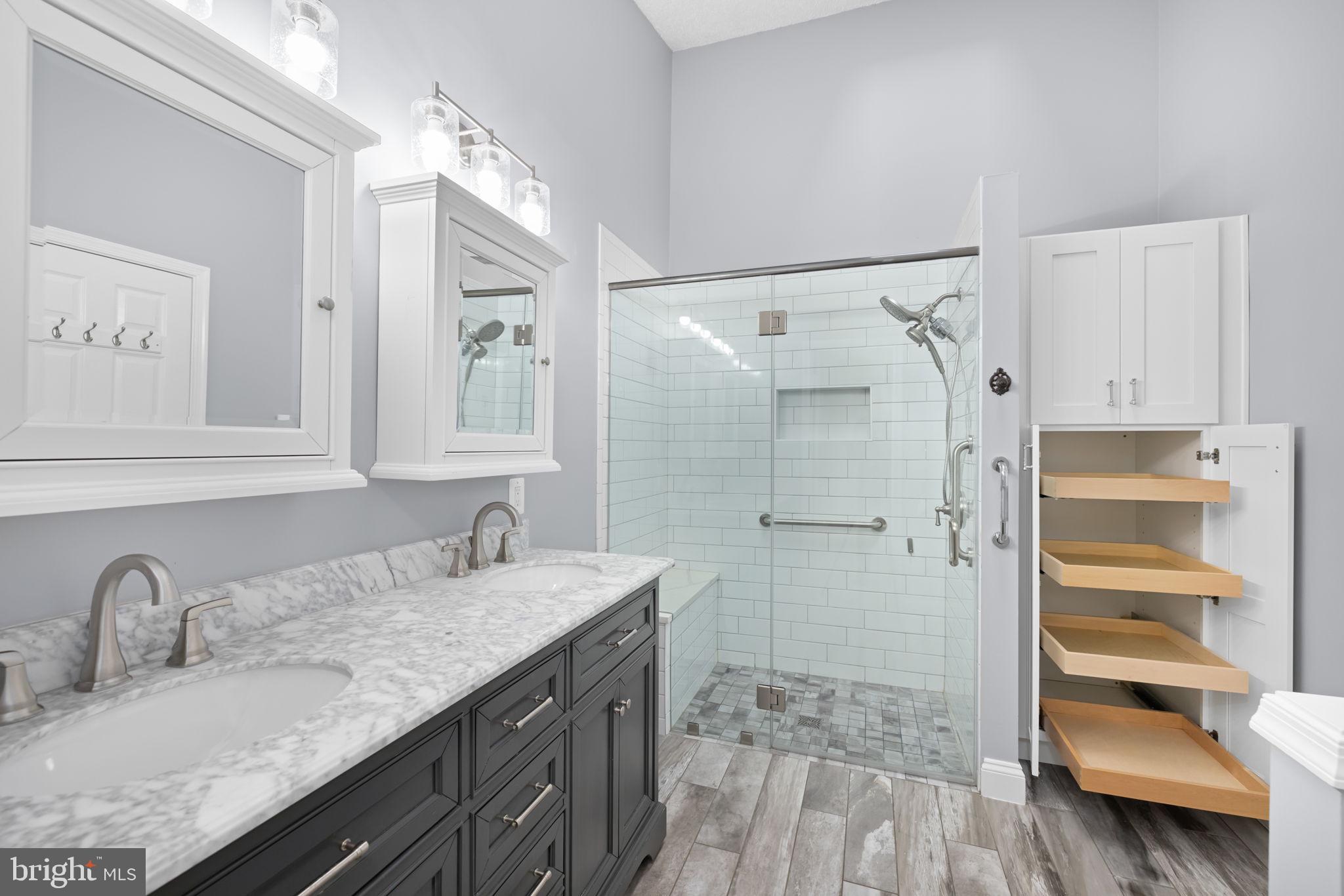 43861 Laburnum Square Ashburn, VA 20147 - Photo 24 of 46 a bathroom with a granite countertop sink a mirror and shower