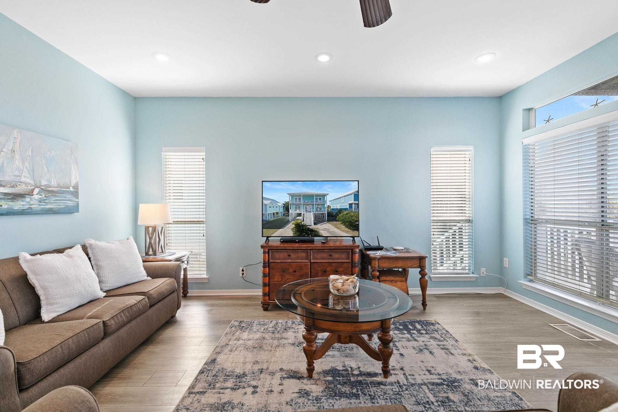 545 Plantation Road, Unit 3 Gulf Shores, AL 36542 - Photo 8 of 54 Living area featuring light wood finished floors, recessed lighting, a ceiling fan, and a desk