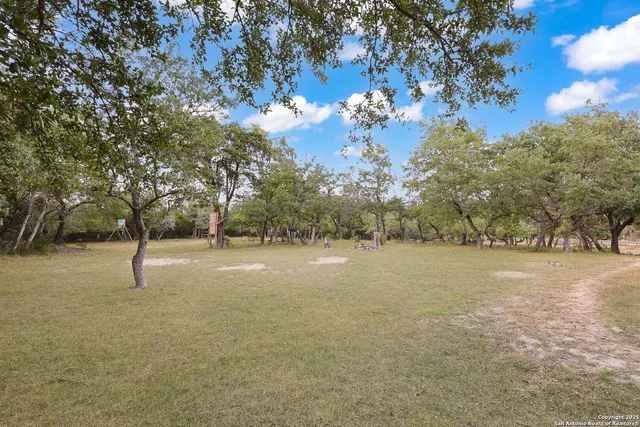 a view of a field with trees in the background