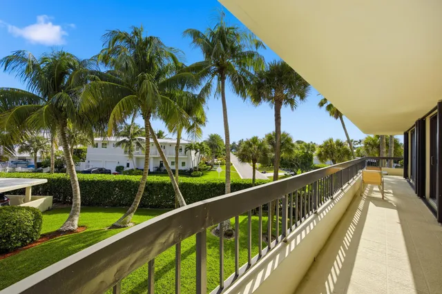 a view of balcony with wooden floor and palm trees